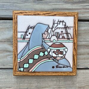 Cleo Teissedre Hand Painted Ceramic Tile Vintage Wood Framed